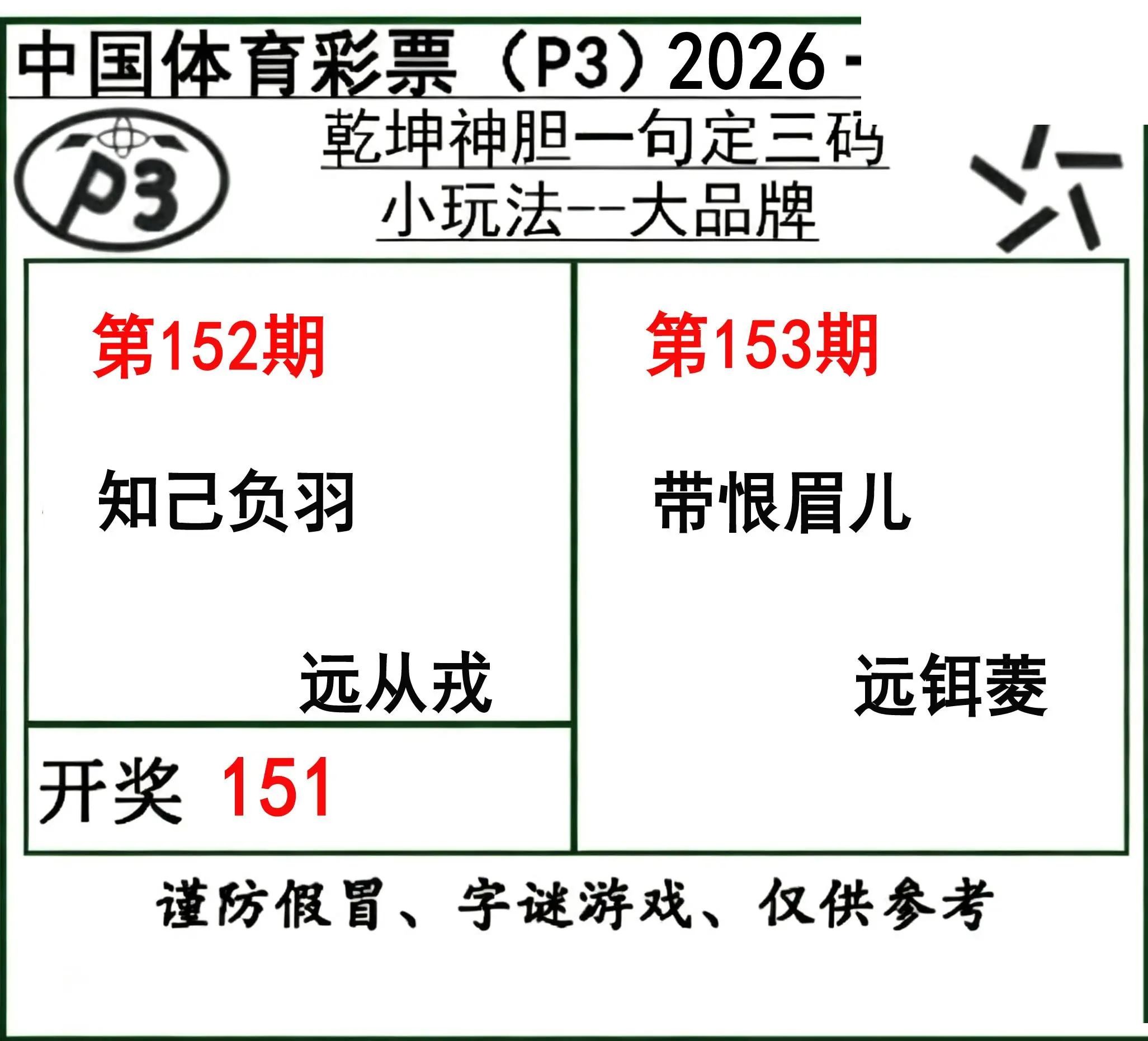 乾坤一句定三码26年153期P3图谜